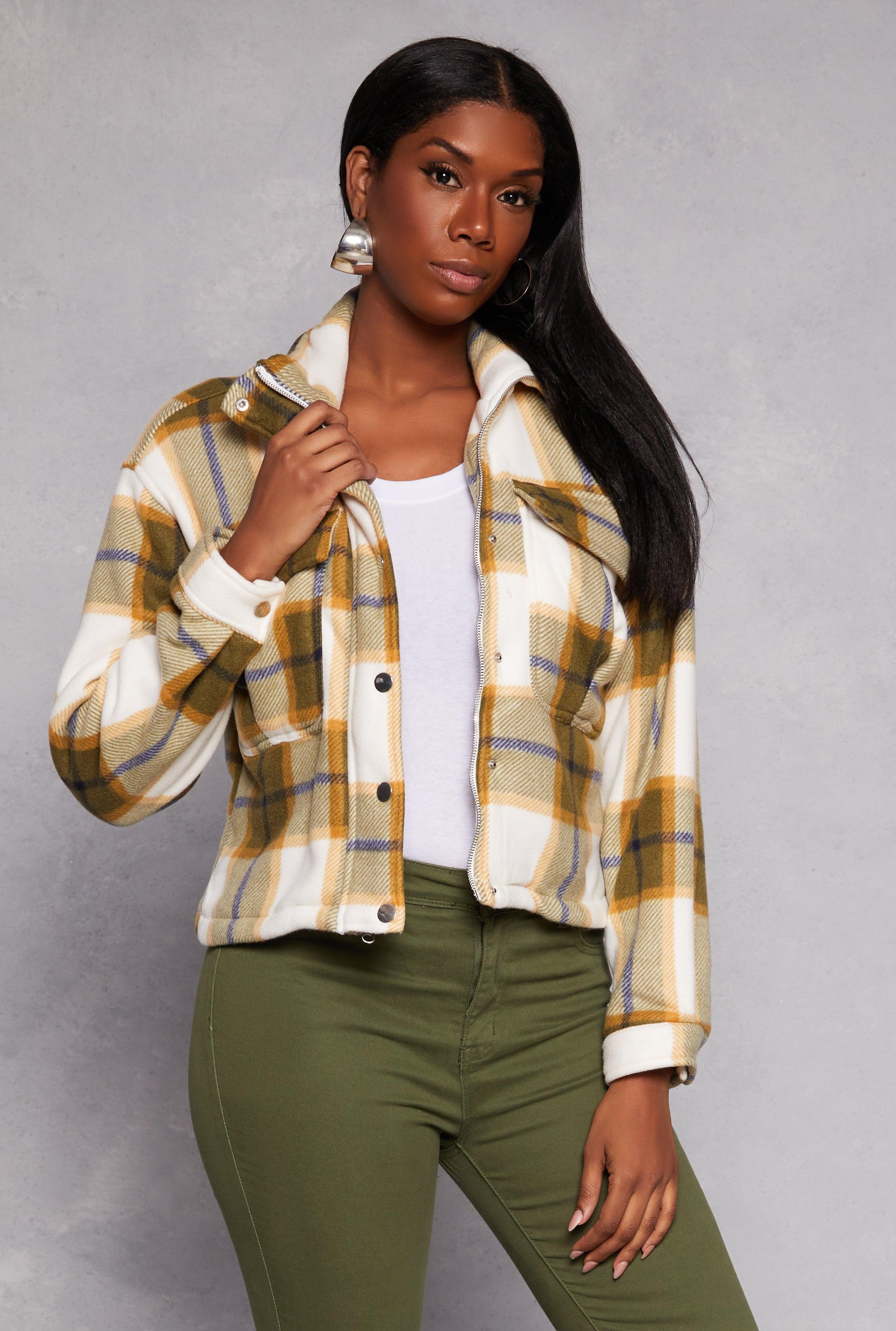 Womens Plaid Snap Button Zip Front Shacket Product Image