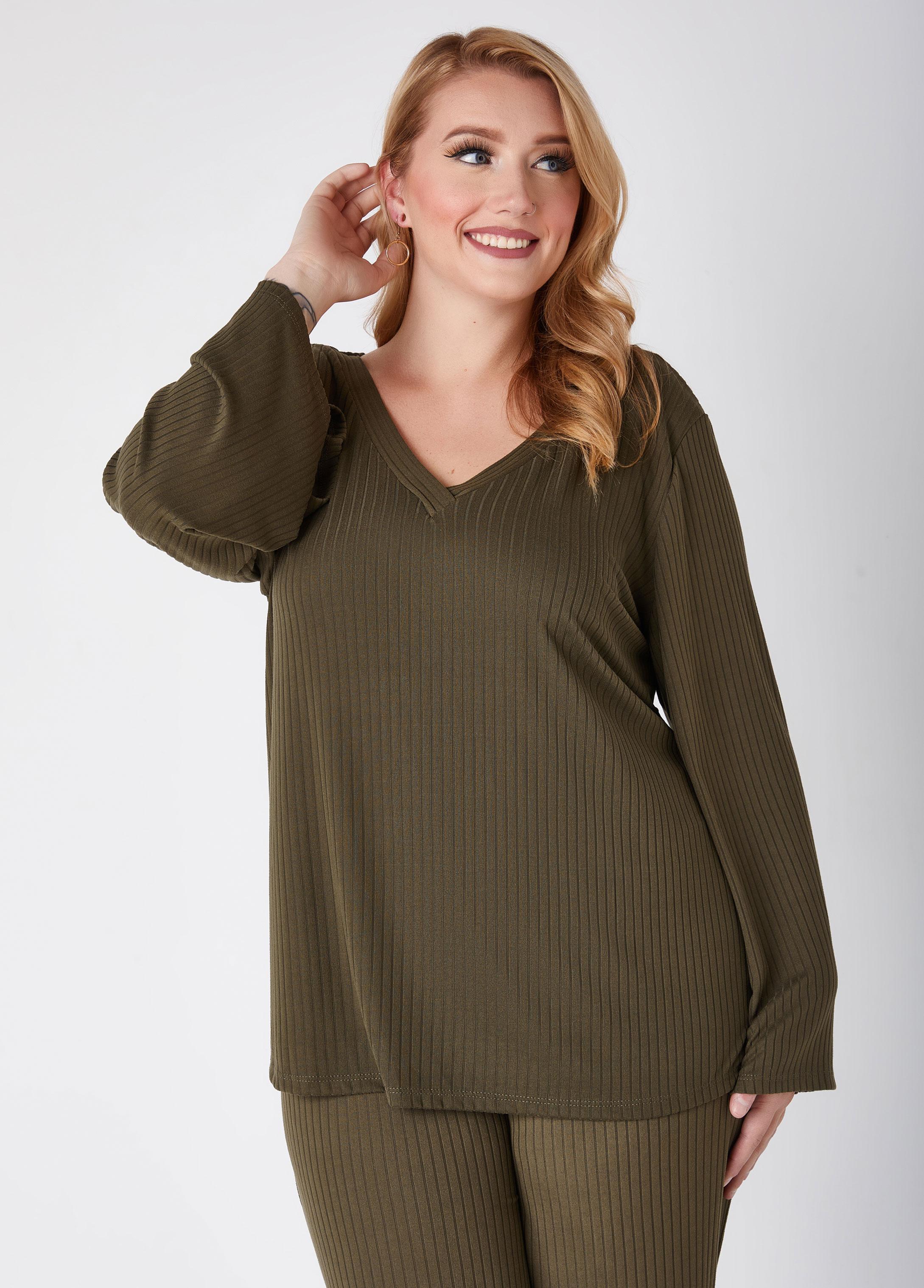 Plus Size Ribbed V Neck Lounge Tunic Ashley Stewart Product Image