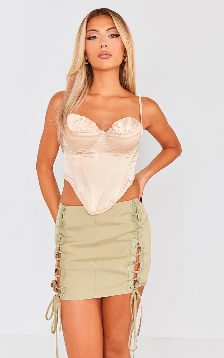 Khaki Woven Lace Up Mini Skirt Product Image