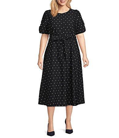 DKNY Plus Size Polka Dot Print Scuba Crepe Short Ruched Sleeve Crew Neck Tie Waist Midi Dress product image