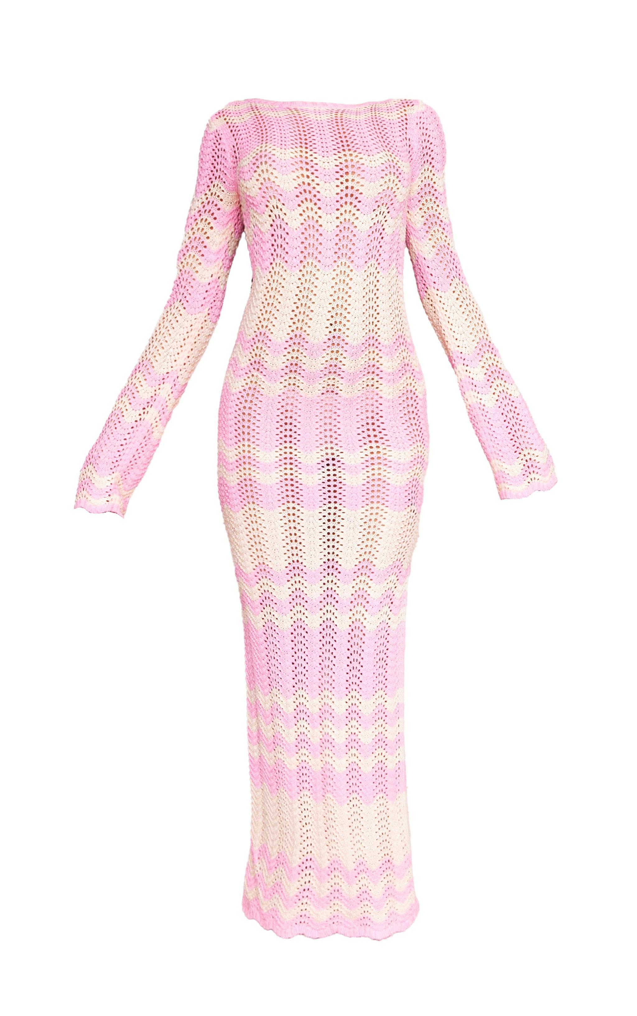 Pink Wave Knit Textured Long Sleeve Maxi Dress Product Image