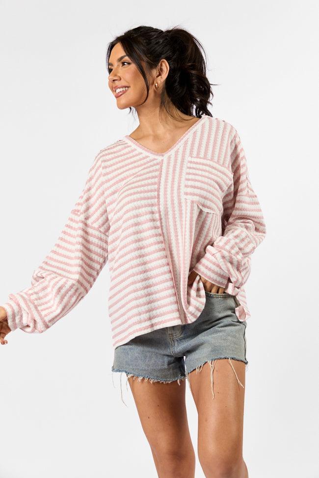 All For Sun Pink and Ivory Striped Knit V-Neck Long Sleeve Tee Product Image