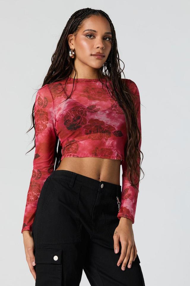 Floral Print Mesh Long Sleeve Crop Top Female Product Image