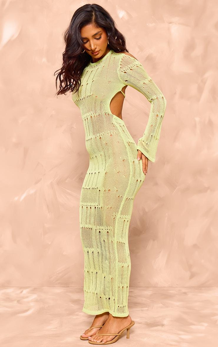 Petite Lime Green Knitted Open Back Long Sleeve Maxi Dress Product Image