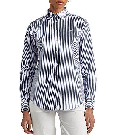 Lauren Ralph Lauren Easy Care Striped Print Point Collar Shirttail Hem Long Sleeve Shirt Product Image