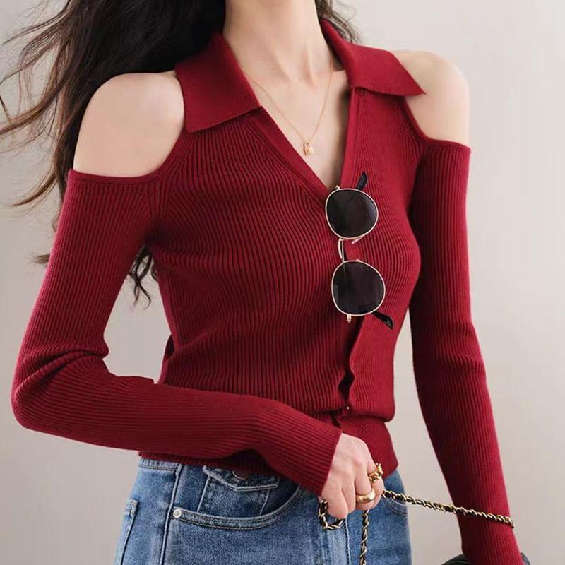 Cold-Shoulder Long Sleeve Plain Ribbed Collared Button-Up Knit Top Product Image