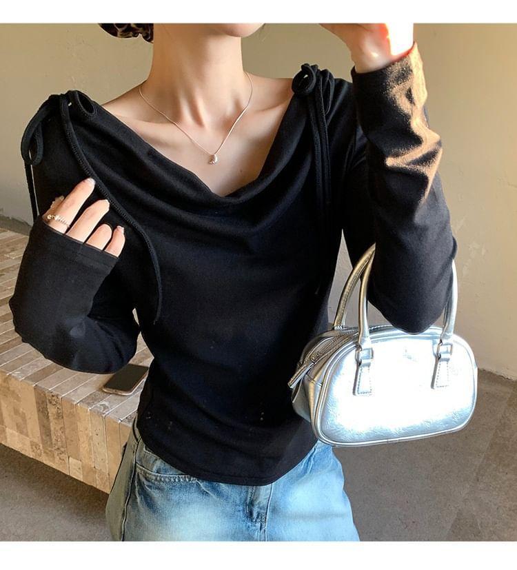 Long-Sleeve Cowl Neck Plain Bow Accent Slim Fit Crop T-Shirt Product Image