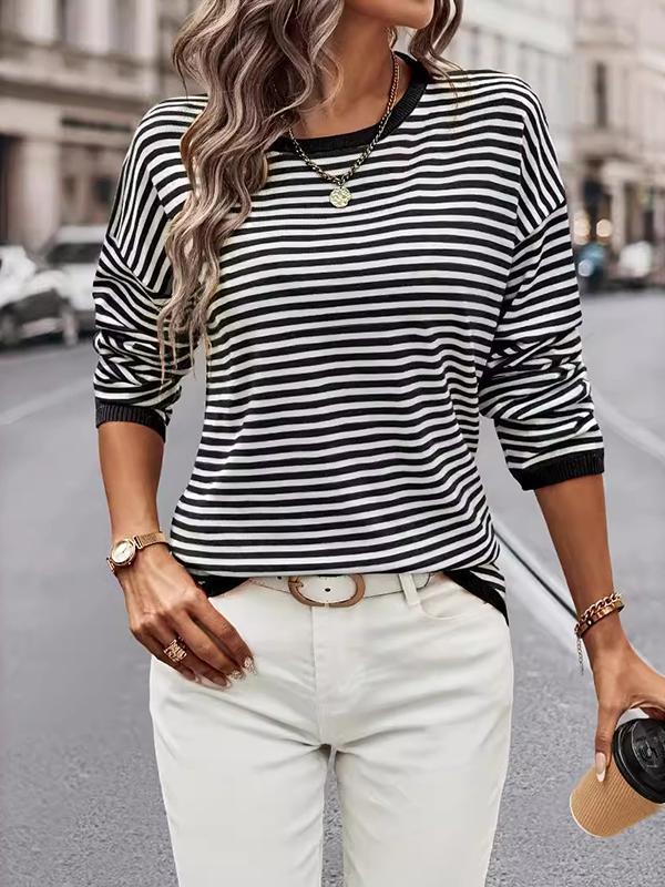 Long Sleeves Loose Contrast Color Split-Joint Striped Round-Neck Pullovers Sweater Tops Product Image