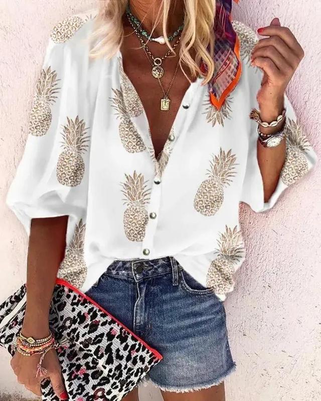 Olivia Mark – Pineapple Print Button Down Relaxed Blouse Product Image