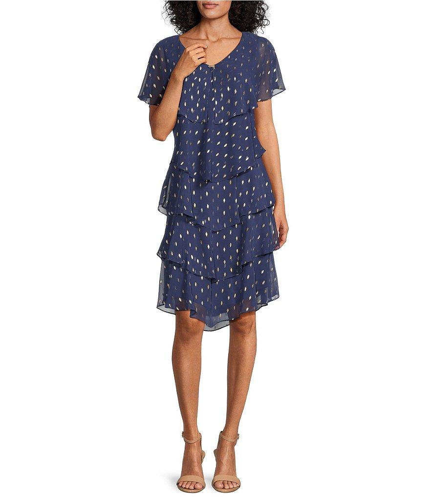 Ignite Evenings Chiffon Metallic Polka Dot Print V-Neck Short Sleeve Tiered Caplet Dress Product Image