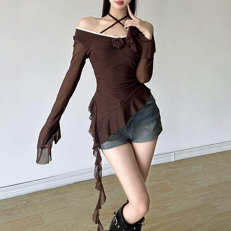 Flared-Sleeve Cold-Shoulder Plain Ruffle Asymmetrical Blouse Product Image