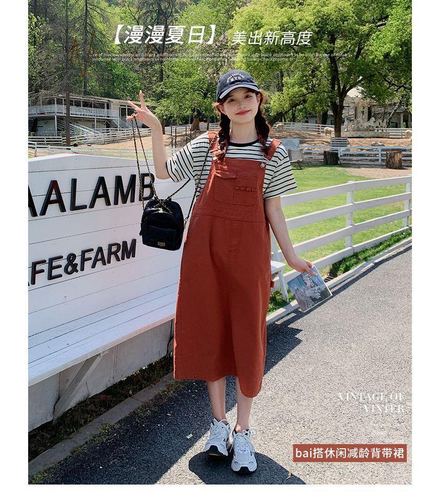 Plain Panel Midi A-Line Denim Jumper Dress Product Image