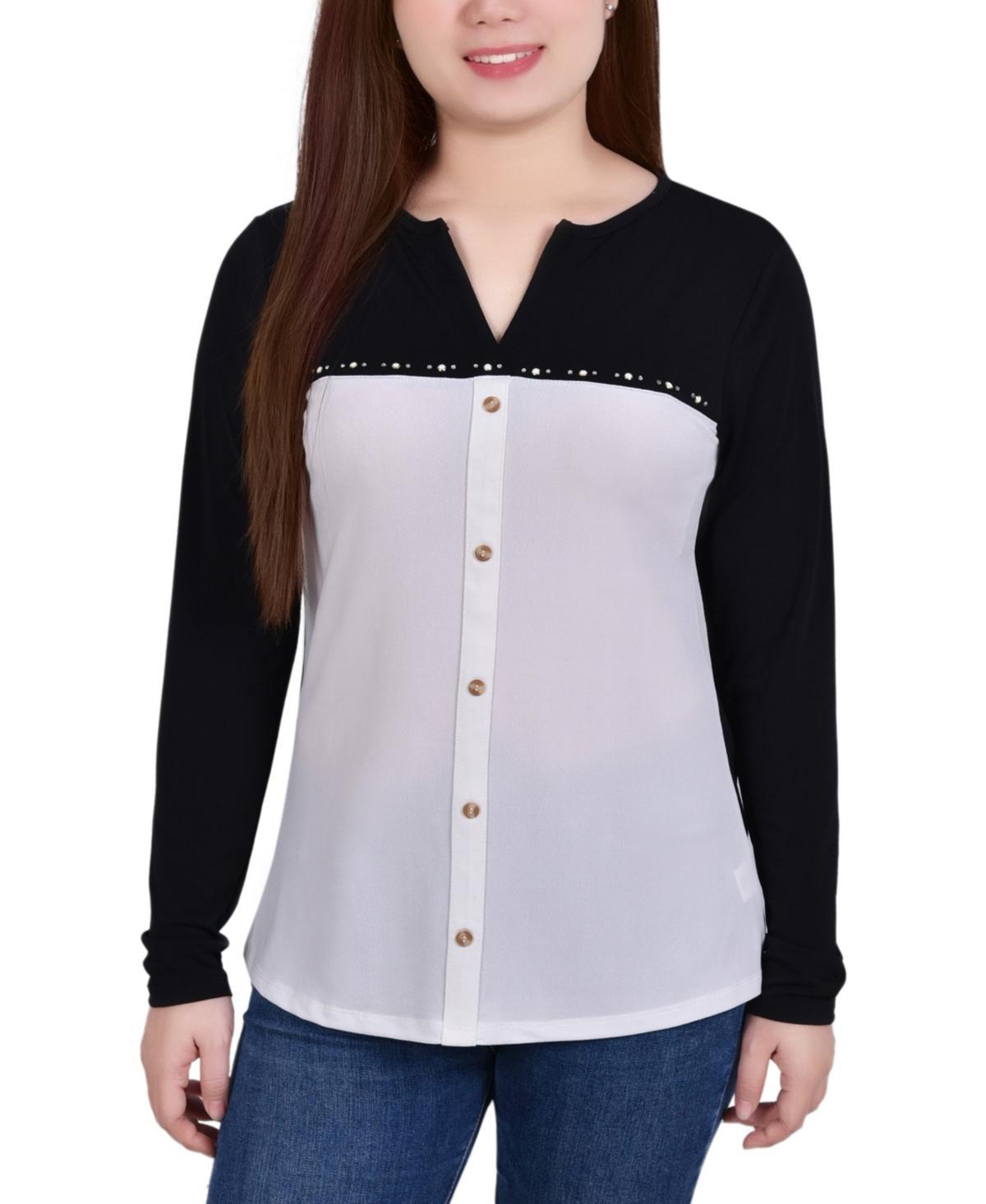 Ny Collection Petite Long Sleeve Studded Colorblocked Split Neck Top Product Image