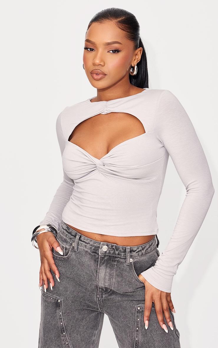 Light Grey Contour Jersey Cut Out Detail Long Sleeve Top Product Image