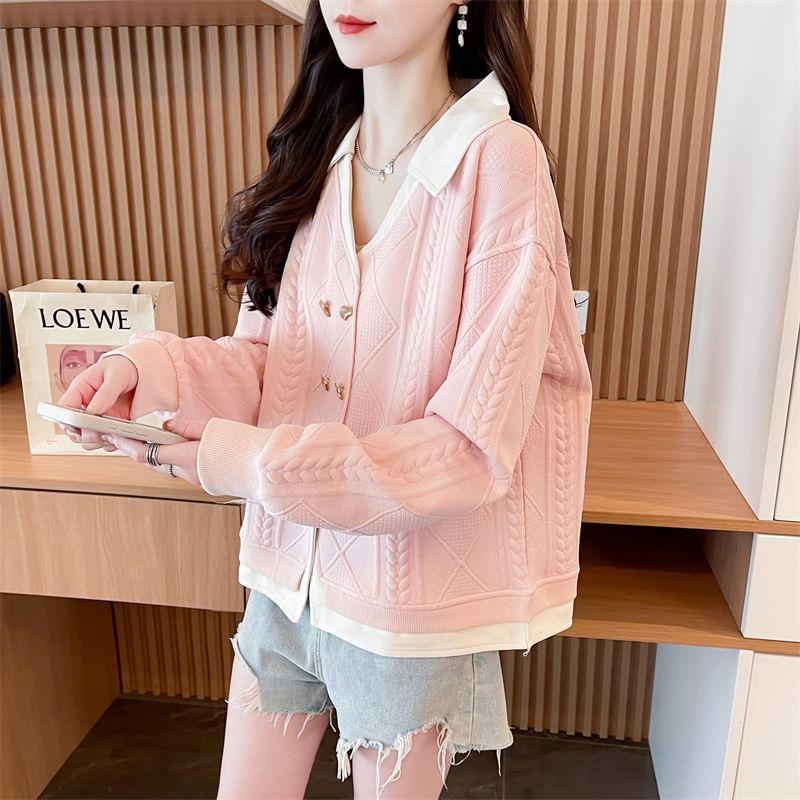 V-Neck Collared Mock Two-Piece Two Tone Jacquard Button-Up Jacket Product Image