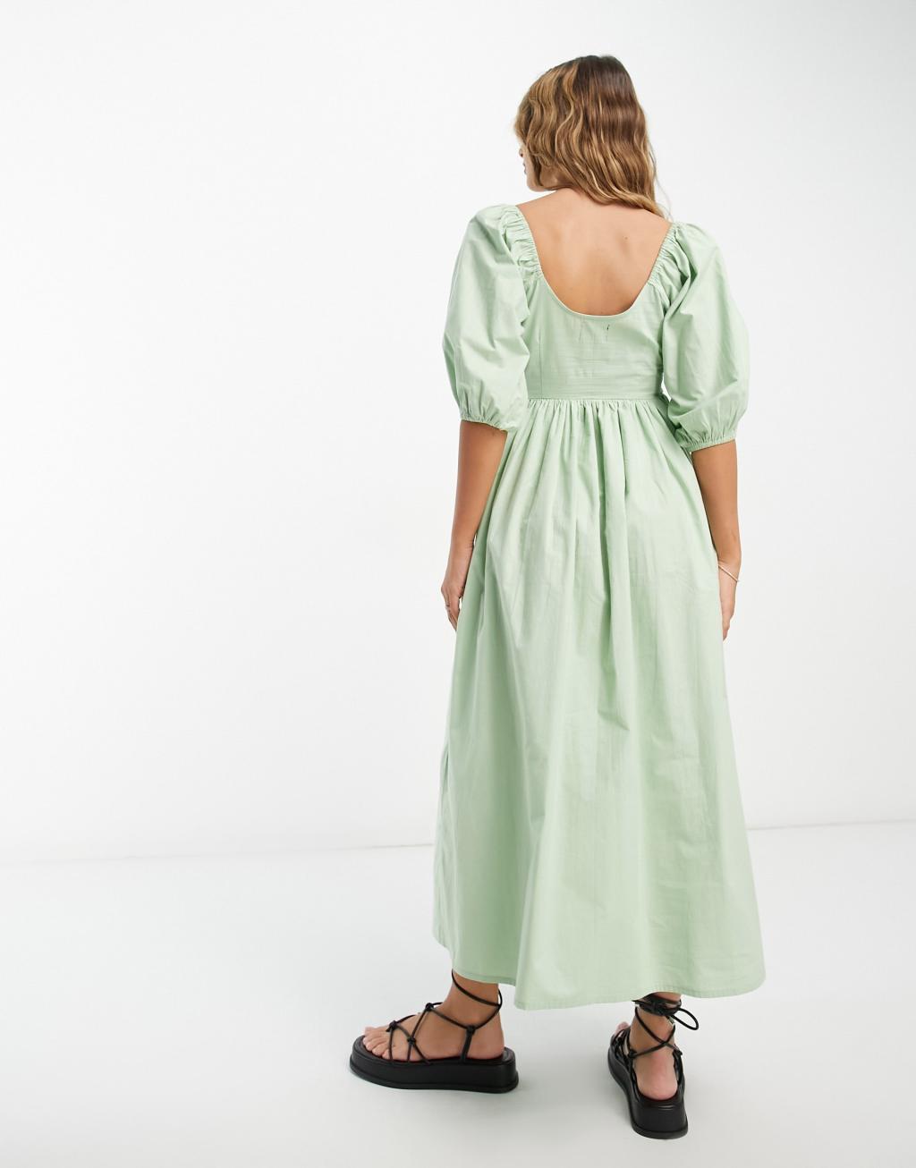 ASOS DESIGN cotton shirred corset midi dress in sage green Product Image