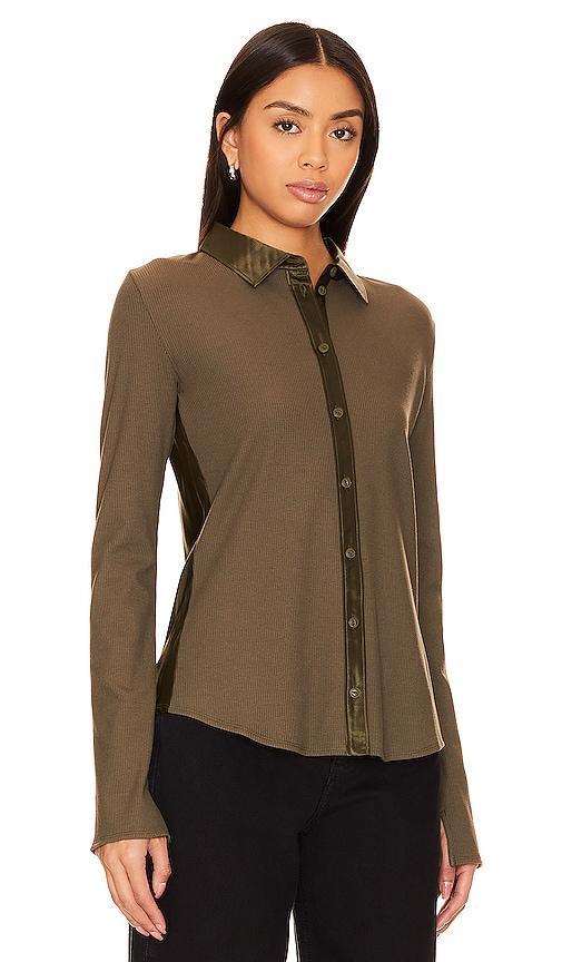 Womens Olive Rib-Knit Cotton-Blend Long-Sleeve Shirt Product Image