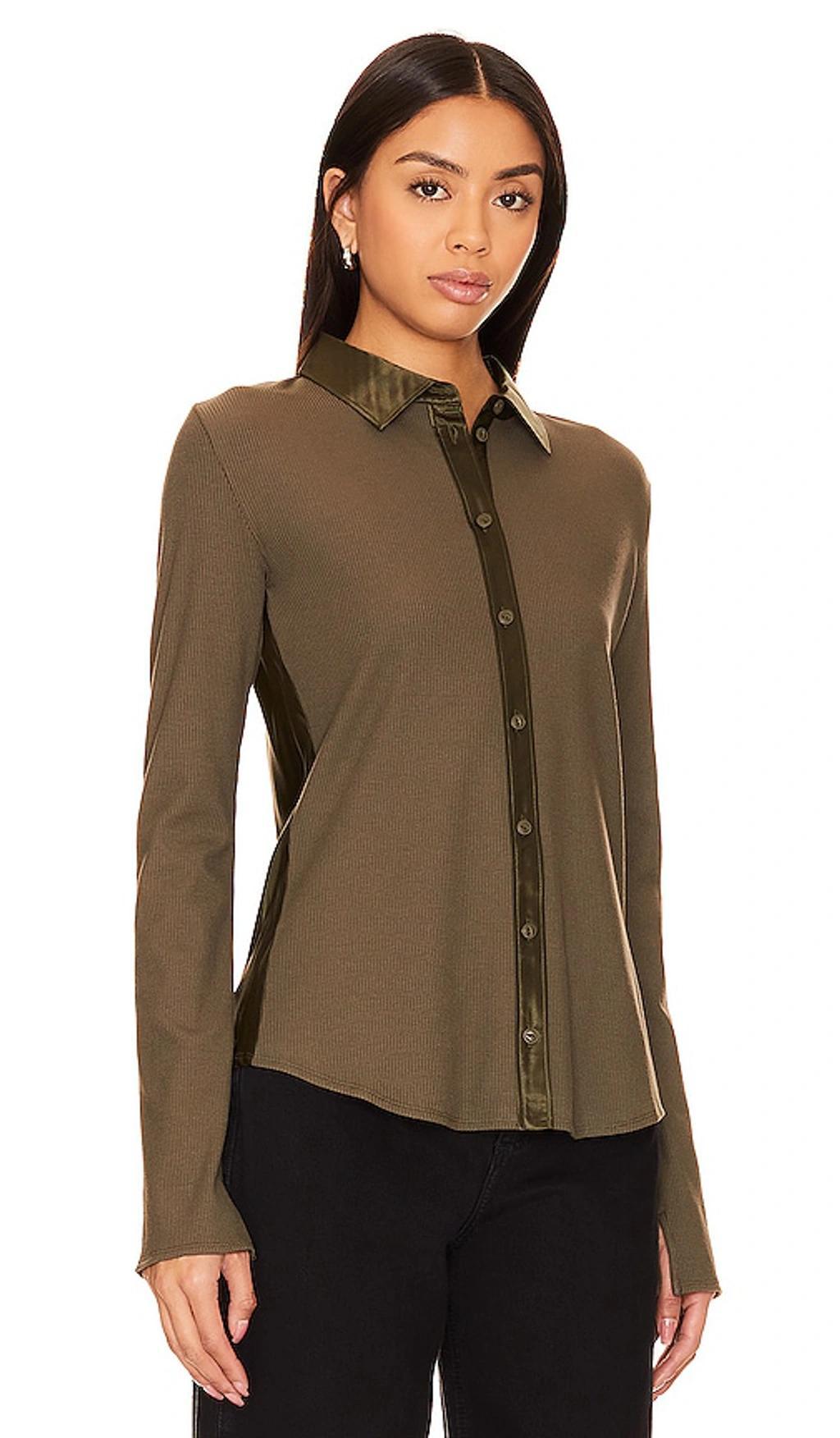 The Ribbed Mix Media Button Down In Olive Product Image