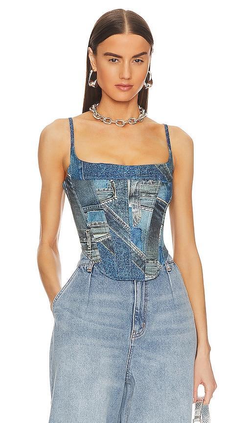 Miaou Love Corset in Denim Print - Blue. Size M (also in XS, 4X). Product Image