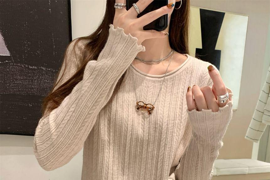 Long Sleeve Round Neck Plain Frill Knit Top Product Image