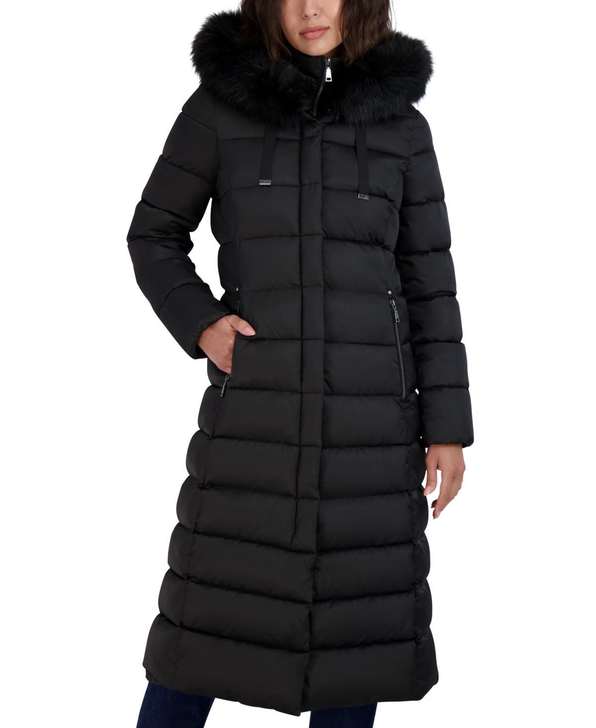 Tahari Womens Maxi Shine Bibbed Faux-Fur-Trimmed Hooded Puffer Coat Product Image