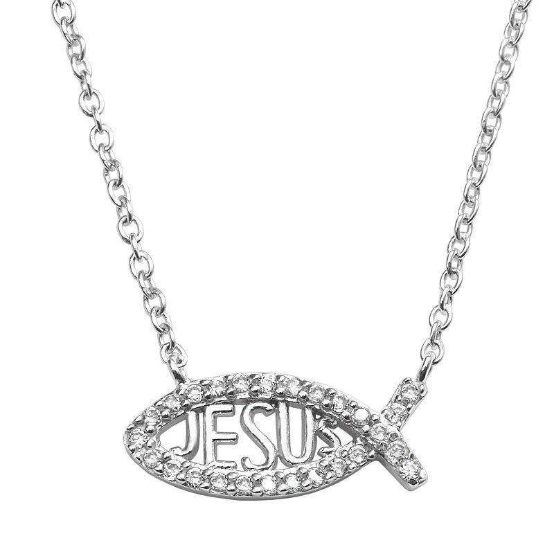 Sophie Miller Sterling Silver Cubic Zirconia Jesus Fish Necklace, Womens White Product Image