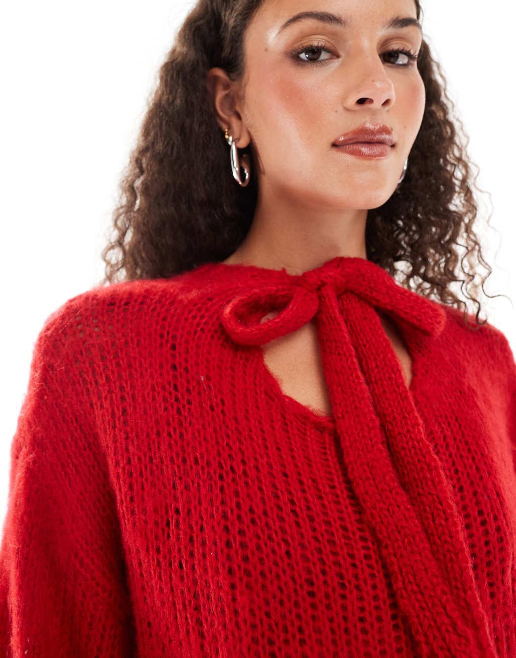 Daisy Street red balloon sleeve chunky sweater with tie back detail  Product Image