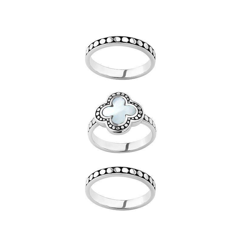 Athra NJ Inc Sterling Silver Mother Of Pearl Clover Stack Ring Set, Womens Product Image