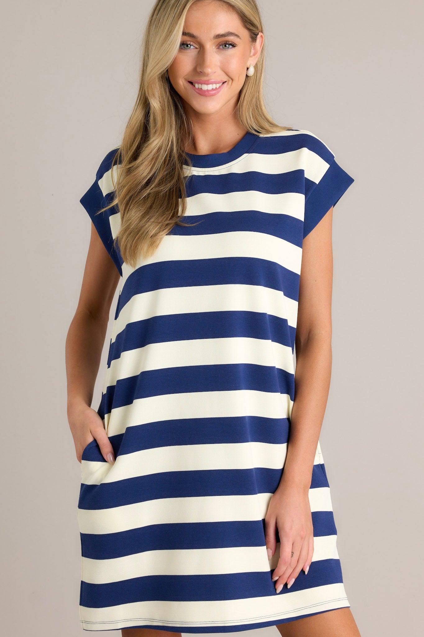 Harmony Horizon Navy Stripe Cap Sleeve Mini Dress Product Image