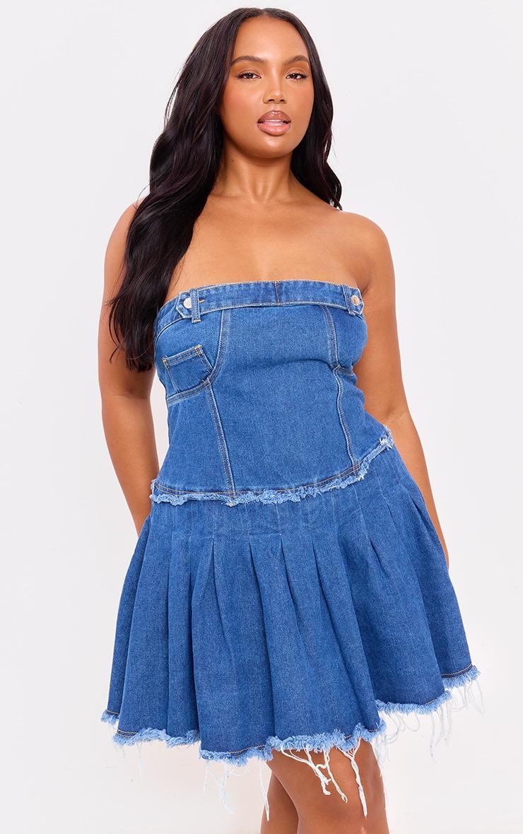 Plus Mid Blue Wash Raw Edge Pleated Bandeau Denim Mini Dress Product Image