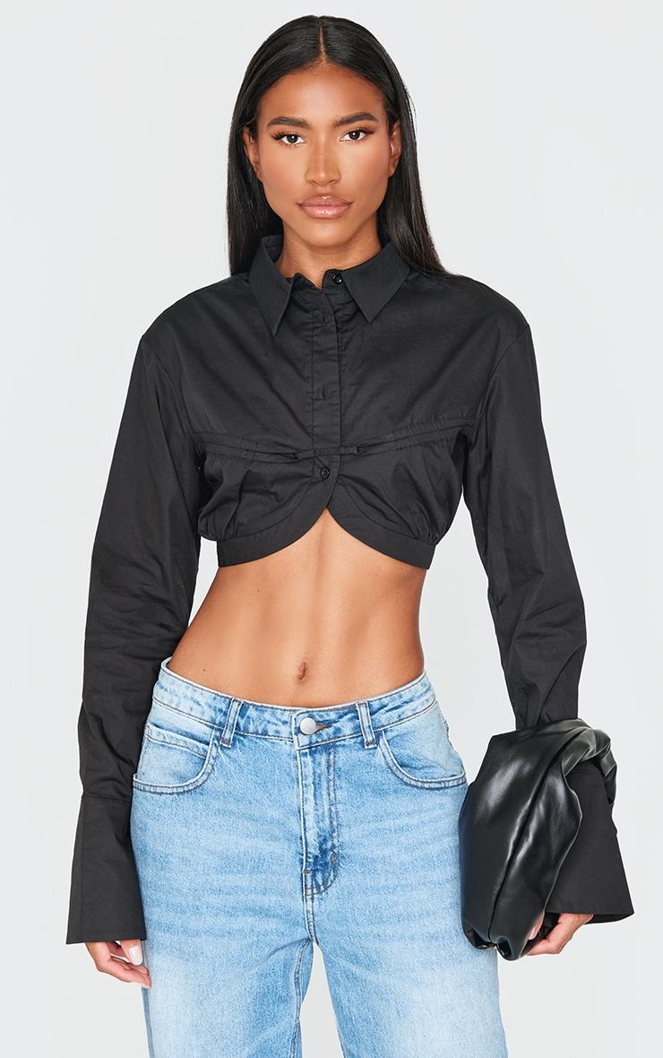 Black Elasticated Bust Detail Cropped Shirt Product Image