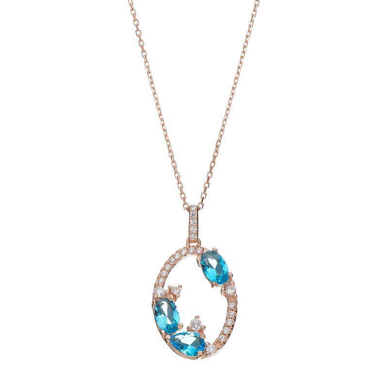 14k Rose Gold Over Silver Cubic Zirconia Oval Pendant Necklace, Womens Blue Product Image