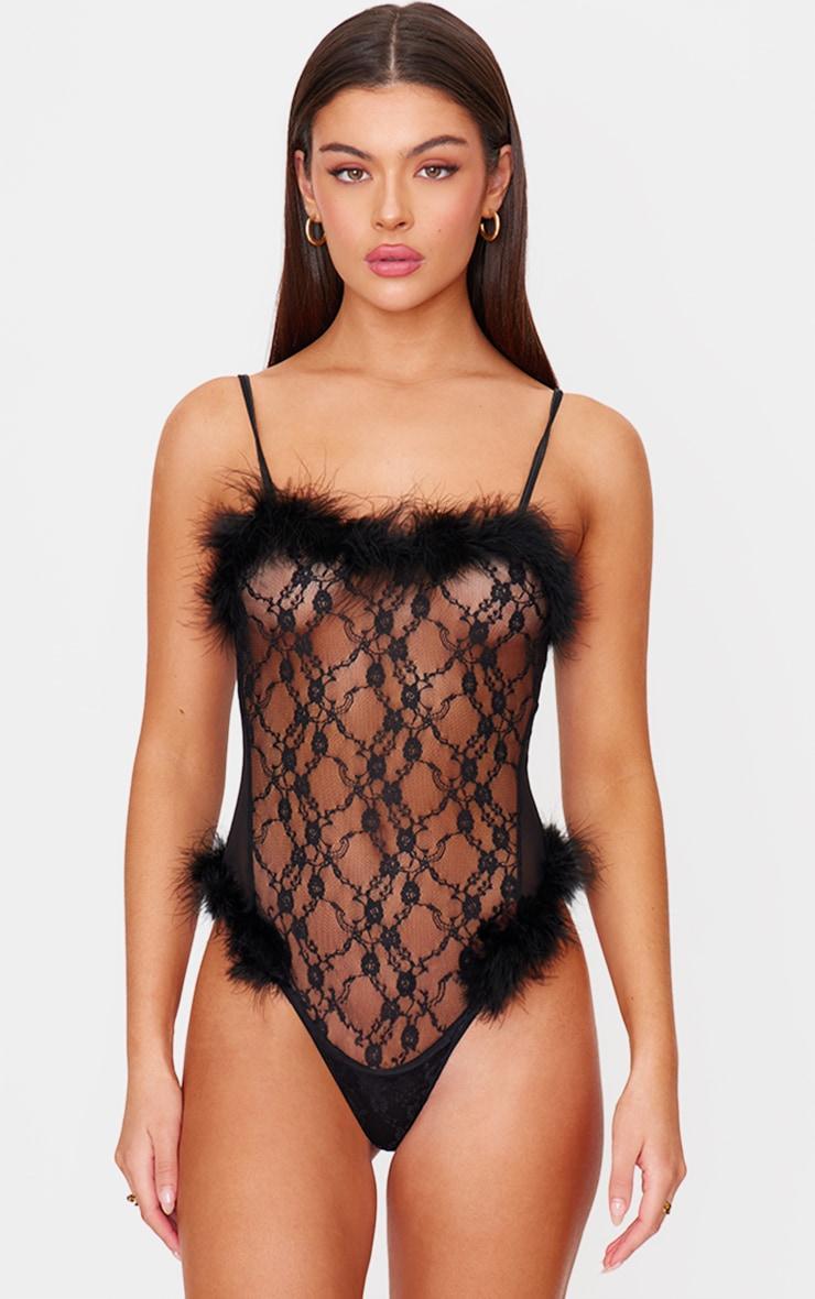 Black Lace Feather Trim Lingerie Bodysuit Product Image