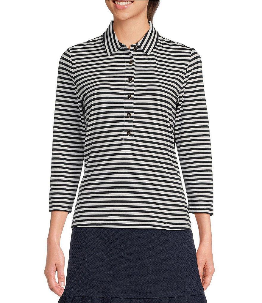 J.McLaughlin Court Stretch Knit Stripe Print 3/4 Sleeve Polo Collar Top Product Image