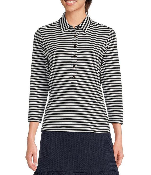 J.McLaughlin Court Stretch Knit Stripe Print 3/4 Sleeve Polo Collar Top Product Image