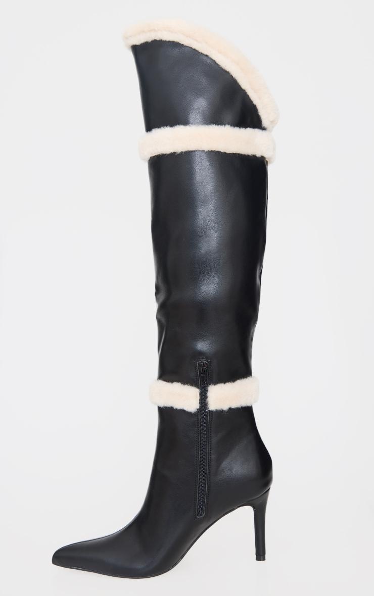 Black Pu Point Toe White Faux Fur High Stiletto Over The Knee Boots Product Image