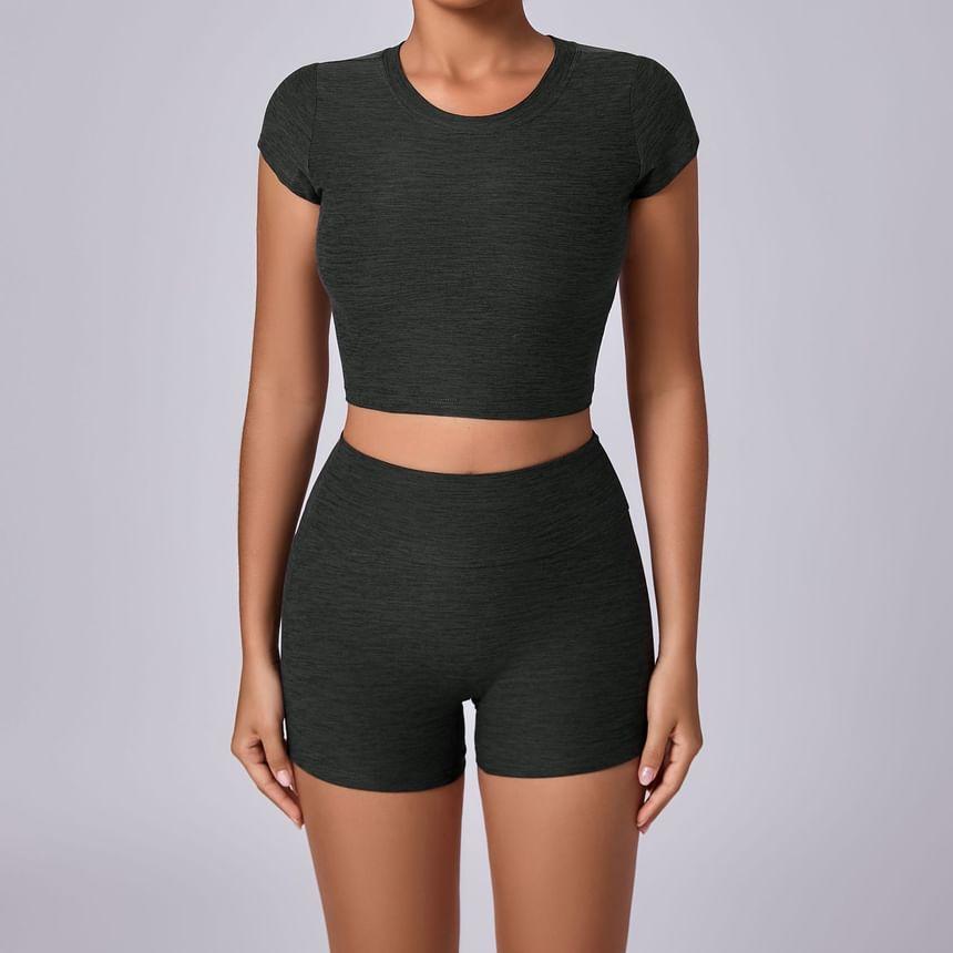 Set: Long-Sleeve Crew Neck Melange Crop Sports Top + High Waist Biker Shorts Product Image