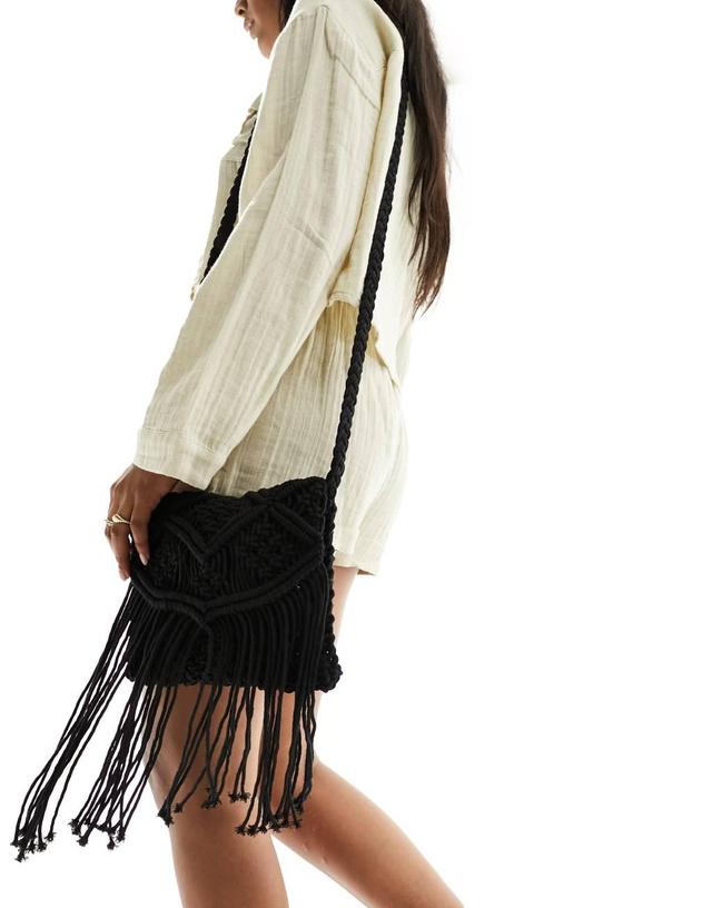 Glamorous crochet tassle shoulder beach bag in black Product Image