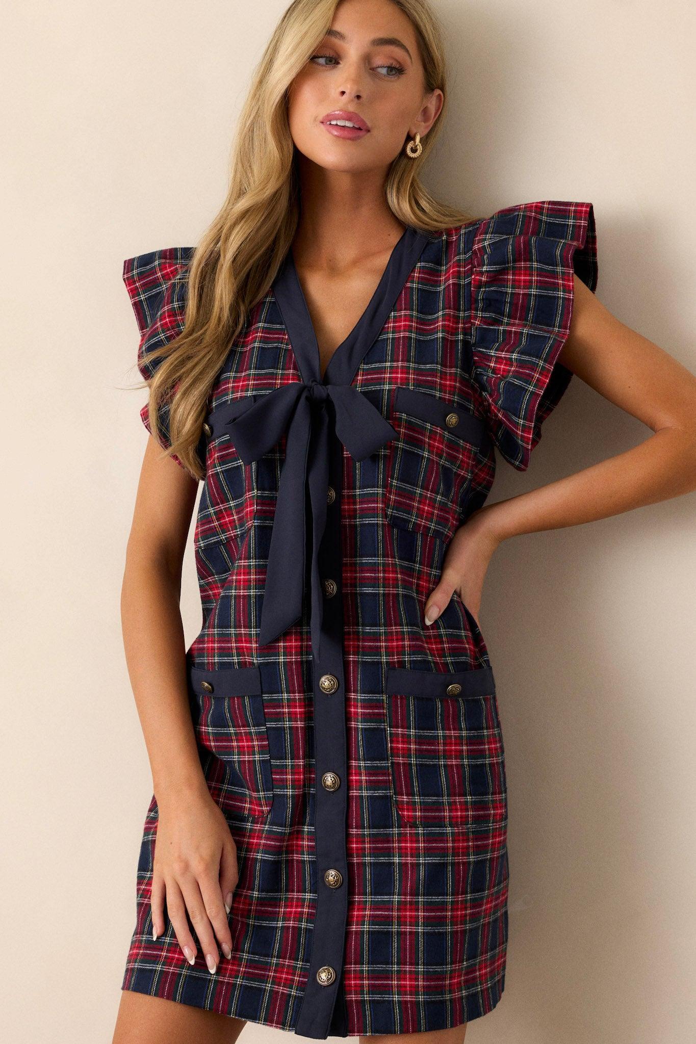 Now I Know Cotton Navy Plaid Mini Dress Product Image