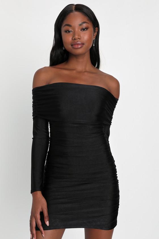 Sultry Influence Black Off-the-Shoulder Ruched Mini Dress Product Image