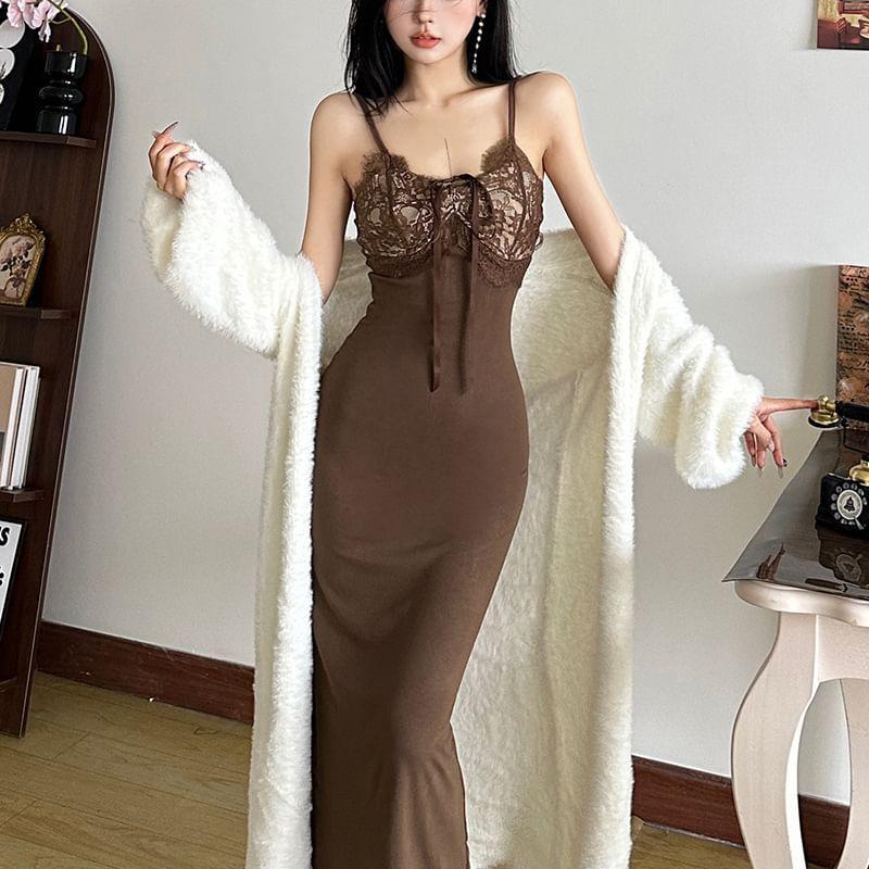 Spaghetti Strap Lace Panel Tie-Front Slim-Fit Maxi Bodycon Dress Product Image