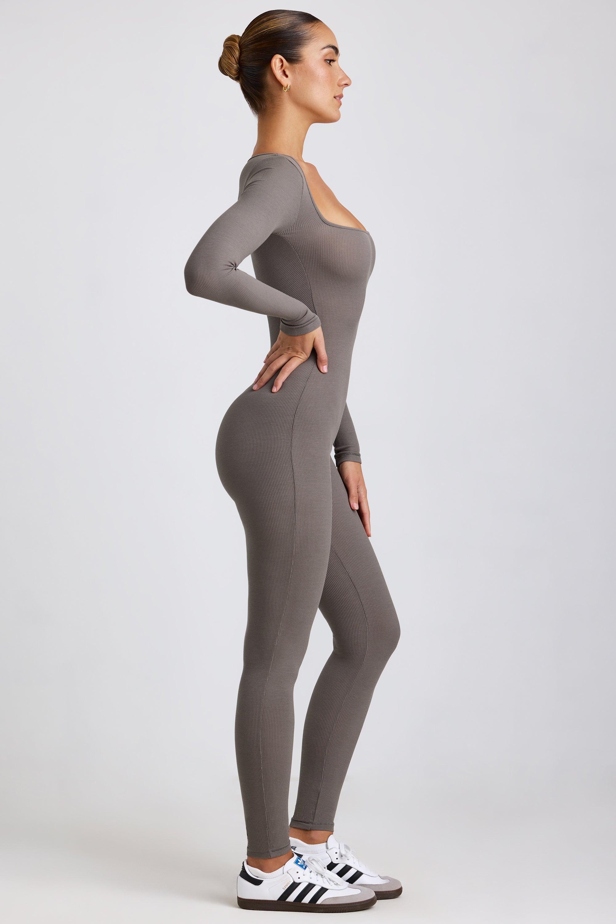 Petite Ribbed Modal Long Sleeve Jumpsuit in Grey Product Image