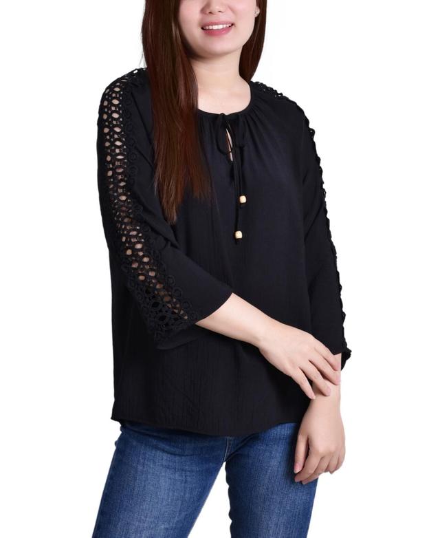 Petite NY Collection 3/4 Sleeve Soild Tuwa Peasant Top - Black Product Image