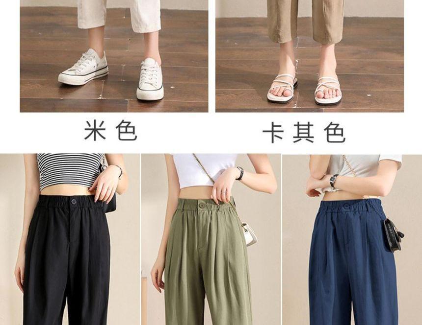 Elastic High Waist Plain Button-Fly Crop Tapered Pants Product Image