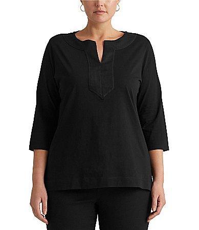 Lauren Ralph Lauren Plus Size Split Round Neck 34 Sleeve Woven Trim Knit Top Product Image