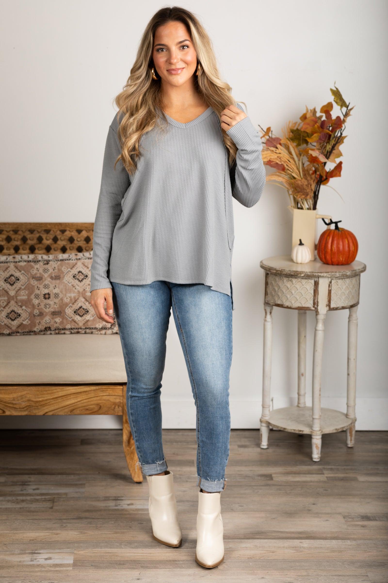 V-Neck Knit Ribbed Long Sleeve Top Product Image