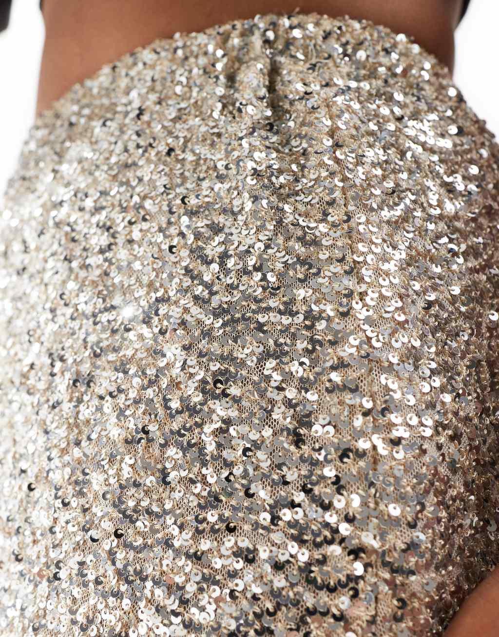 Never Fully Dressed Petite sequin maxi skirt in silver Product Image