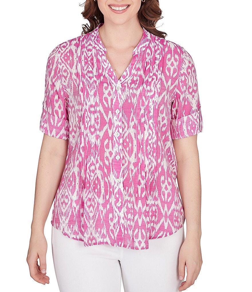 Ruby Rd. Petite Size Ikat Print Lotus Woven Band Collar Split V-Neck Roll-Tab Short Sleeve Pleat Detail Button-Down Blouse Product Image