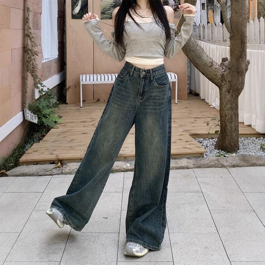 High Waist Washed Wide Leg Jeans Product Image