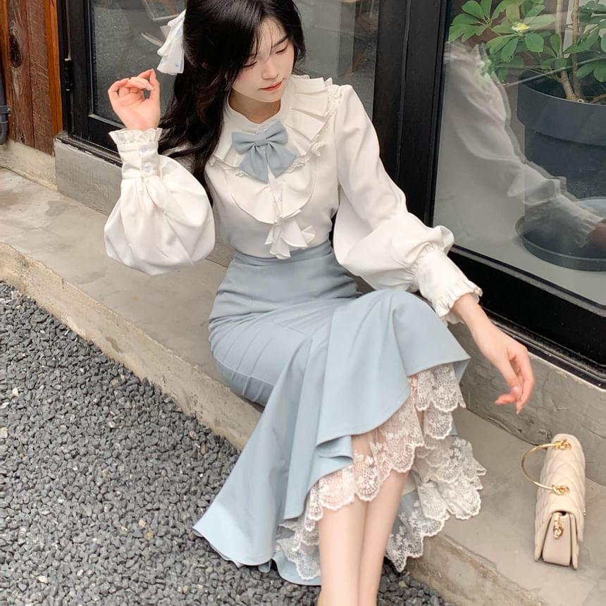 Set: Long Sleeve Collared Plain Ruffle Blouse + Bow + High Rise Panel Lace Midi Mermaid Skirt Product Image